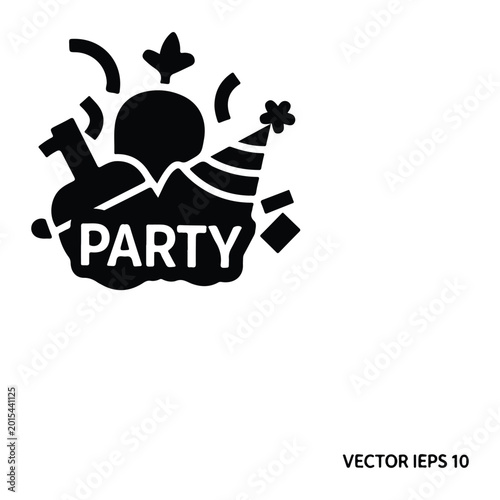 Black party with confetti, balloons, and party hat on white background