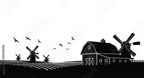 Bild auf Leinwand Rural farm scene silhouette barn windmills and fields with flying birds illustra