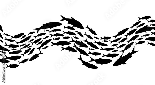 Foto Dynamic School of Fish Swimming in a Wave Pattern, Isolated White Background
