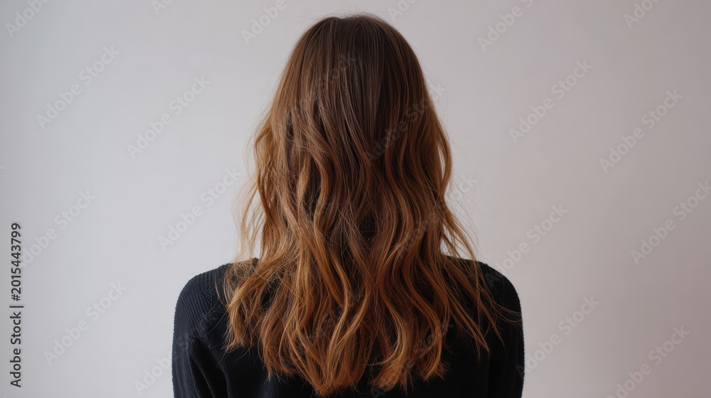 Fototapeta premium Rear view of a girl, wavy hair with subtle golden highlights and bronze tips, natural texture, soft low shine, simple top, plain white wall