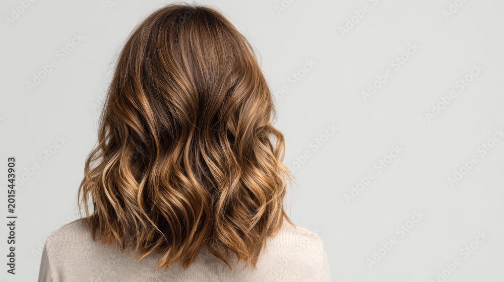 Naklejka premium Rear view portrait, wavy hair with golden and bronze hues, natural healthy look, low shine, simple top, plain white background, photorealistic, minimal styling