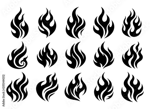 Abstract Flame Icon Set, Black Fire Silhouette Vector Collection