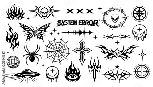 Konstfotografi Cyber Y2K Symbol Set with Flames, Alien, Butterfly, Spider and Graphic Silhouett
