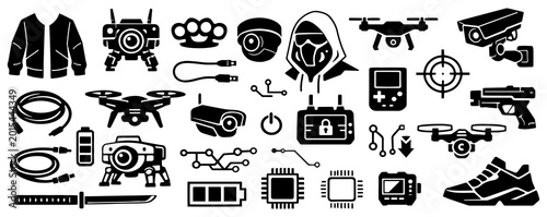 Cybersecurity and Surveillance Black Silhouette Icon Set with Tactical Gear, Drones and Electronics