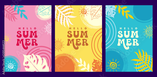 Tropical summer cards with palm leaves and abstract shapes, a zen-like tropical greeting. Abstract celebration invitation background illustration creative template seasonal vacation