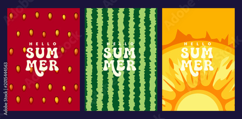 Summer greeting cards with fruit and sun motifs. Strawberry watermelon celebration invitation background illustration. Creative template seasonal tropical vacation