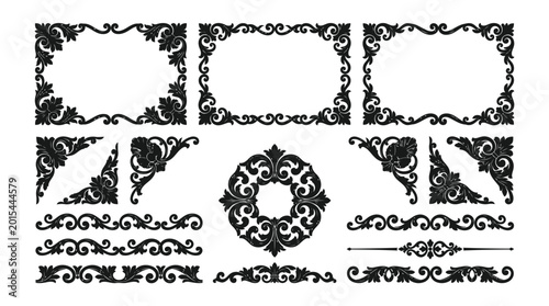 Black ornate floral border and frame elements isolated on white background