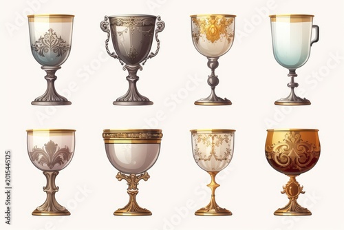 Collection of antique style ornate goblets and chalices