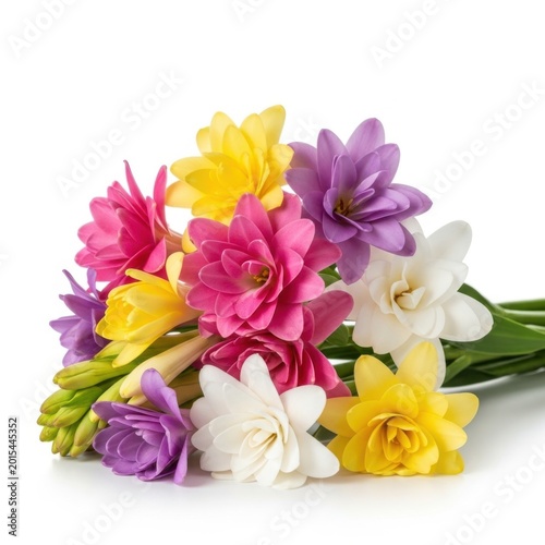 Vibrant spring flower bouquet with yellow, pink, and purple blooms