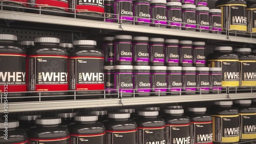 Sport nutrition. Cans and bottles with sport food, whey protein and energy supplements on a shelf