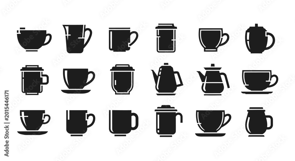 Obraz premium Drinkware and beverage containers icons on coffee cups mugs teacups and teapots vector set various porcelain and ceramic vessels