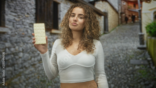Photos Woman holding white chocolate bar showing bare midriff on cobblestone street; confidence indulgence