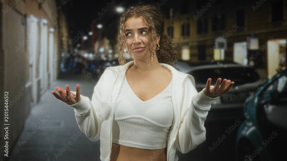 Fototapeta premium Woman with exposed midriff in white hoodie shrugs with palms up on a night street with parked cars and lit storefronts; uncertainty curiosity.