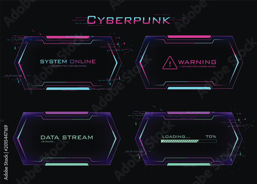 Cyberpunk HUD hexagon panel set with neon glitch and sci-fi cable wire frame