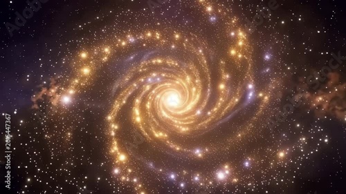 An abstract blue spiral galaxy swirls through the dark cosmos, creating a glowing vortex of stars and light within a cosmic universe Cinematic gold abstract background video