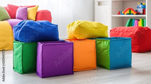 Colorful soft play blocks and cushions