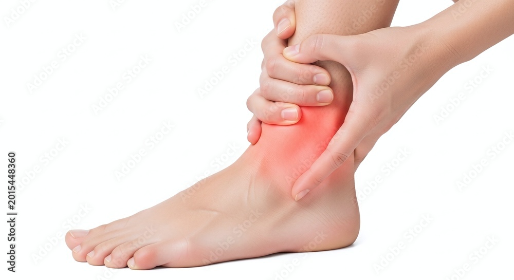 Fototapeta premium Closeup of a person holding their painful swollen ankle isolated on white background