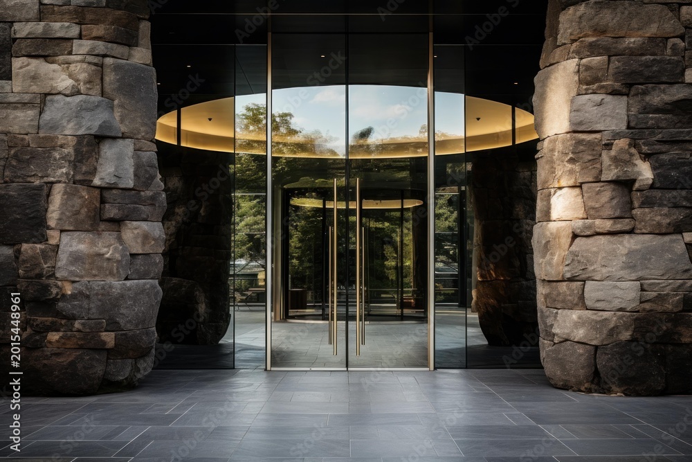 Fototapeta premium Contemporary architecture blending natural stone with sleek transparent glass creating a welcoming entryway