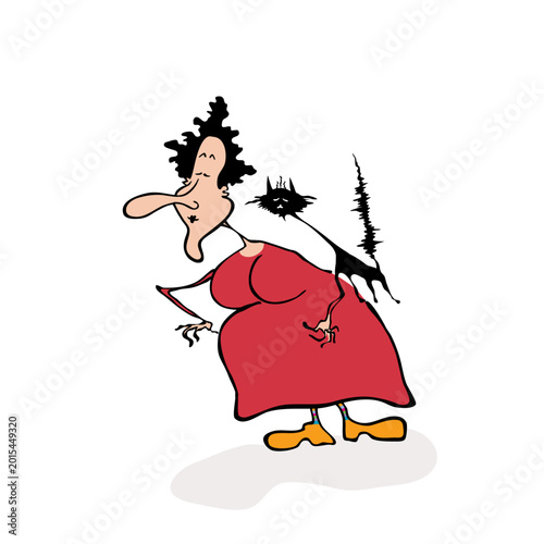 Canvastavla Opinionated nosy neighbor woman with a black cat, curious and interfering lady, cartoon vector illustration