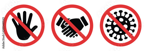 Photos Stop handshake sign icon set with coronavirus warning symbols representing socia