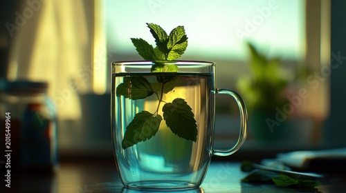 Herbal tea with fresh mint in sunlight