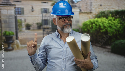 Bild auf Leinwand Man architect wearing blue hardhat, glasses, holding rolled plans and points finger to building entrance while standing outdoors; planning confidence