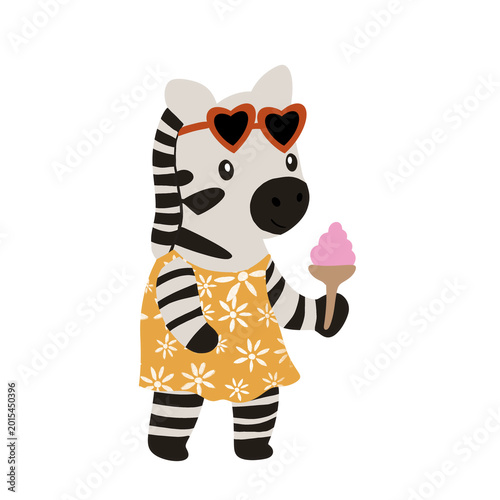 Photos Cute Zebra Girl in Yellow Floral Dress with Heart Sunglasses and Ice Cream, Summ