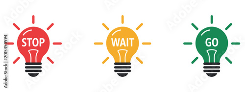 Schilderij op canvas Stop wait and go icon set with colored traffic light bulbs green yellow red symb
