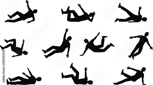 Canvastavla Falling man silhouettes, person stumbling downward, black male figure accident,