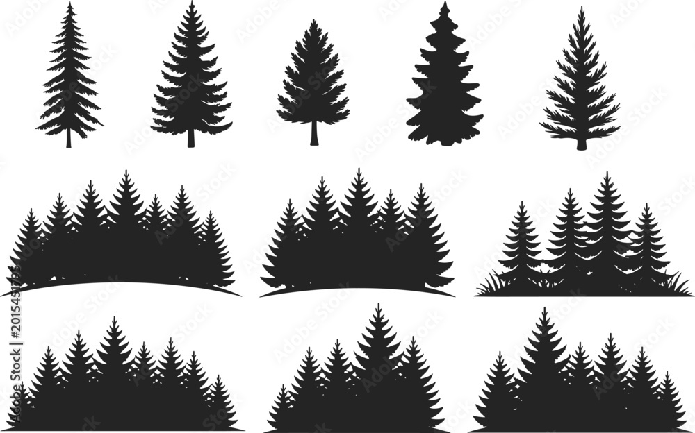 Fototapeta premium Pine tree silhouettes, evergreen forest collection, coniferous spruce icons, fir wood landscape elements, nature wilderness shapes