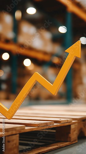 Warehouse Growth Chart: An upward-pointing arrow, symbolizing growth and progress, rests atop a wooden pallet, with a warehouse setting visible in the soft background, representing business expansion.