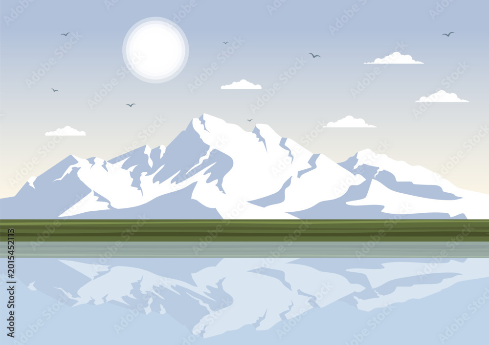 Fototapeta premium Seascape with rocky coastlines, cliffs, waves and blue sky with clouds in cartoon style