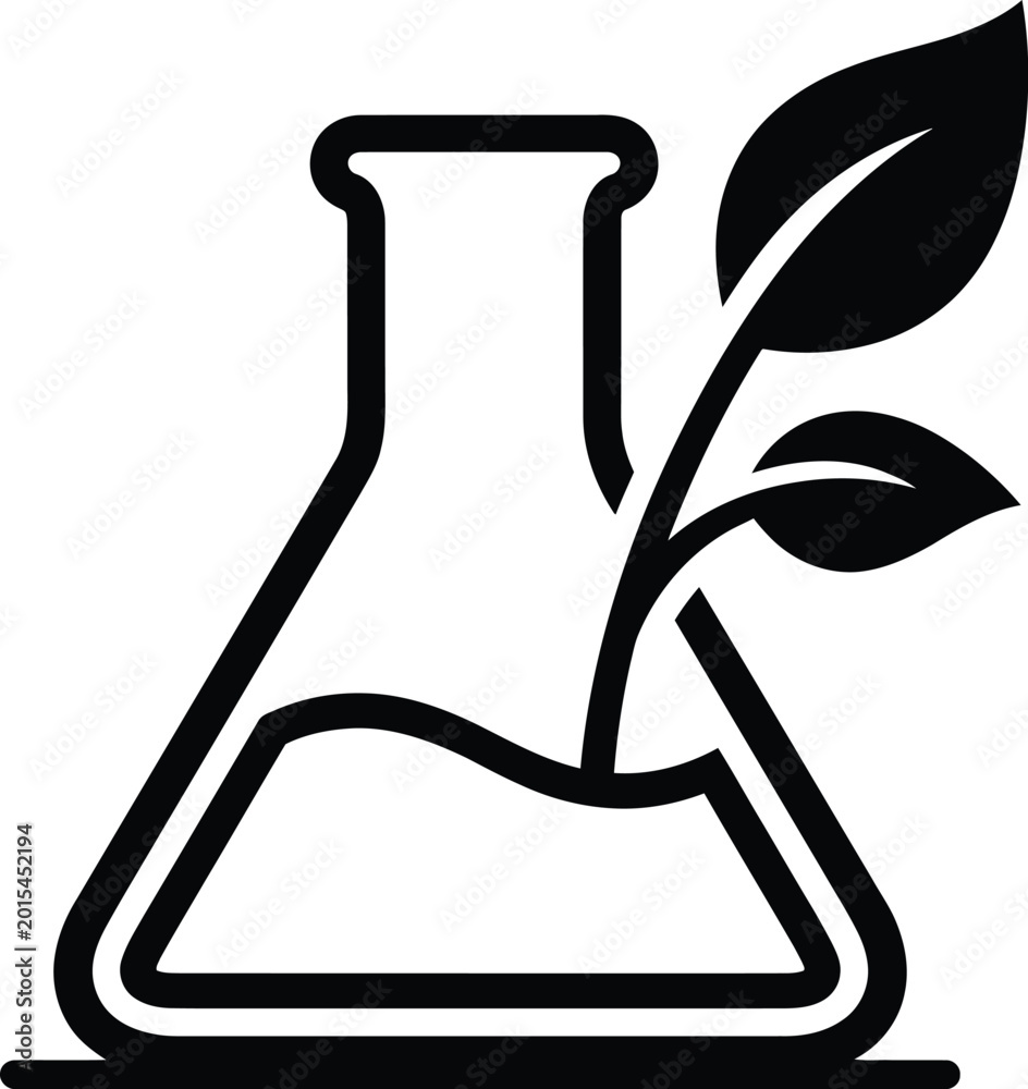Obraz premium Black silhouette of flask with plant growing inside, symbol of biotechnology and sustainable science, nature and laboratory concept.