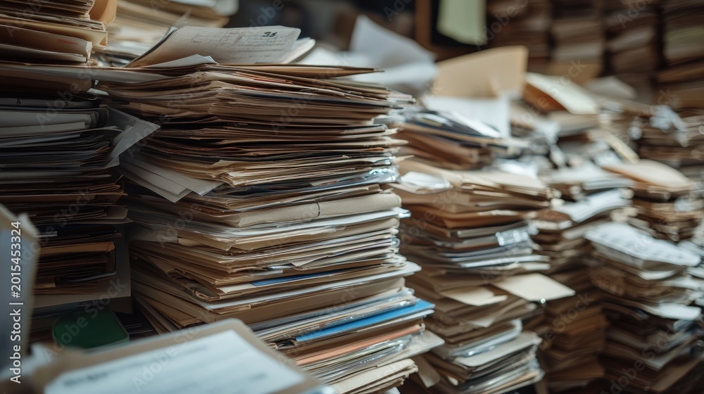 Fototapeta premium Stacks of paper documents in an office setting