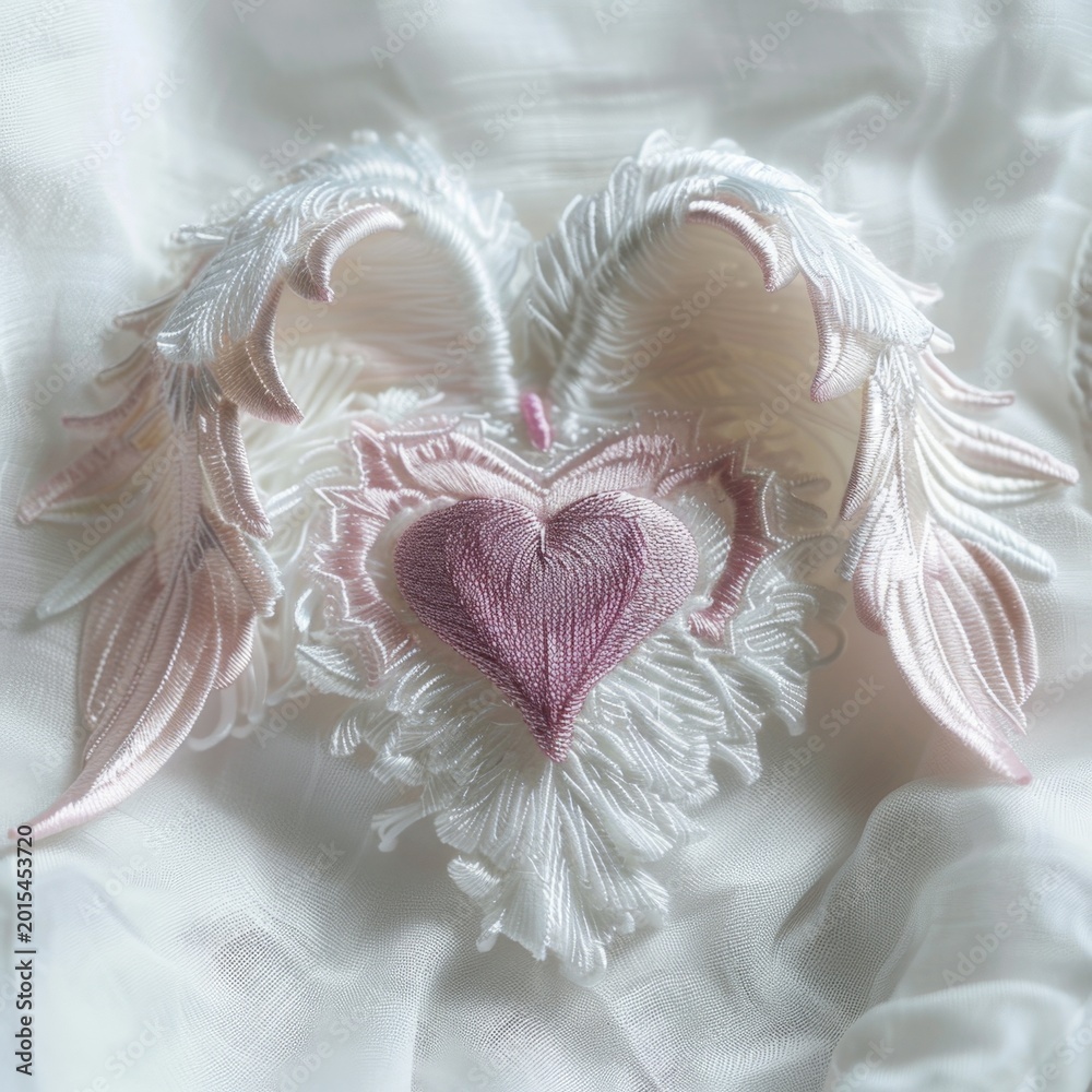 Fototapeta premium Intricate embroidery of a heart with angel wings in pastel shades on textured white fabric, highlighting detailed stitching and craftsmanship