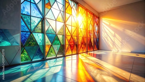 Stained Glass Window with Sunlight Reflection.