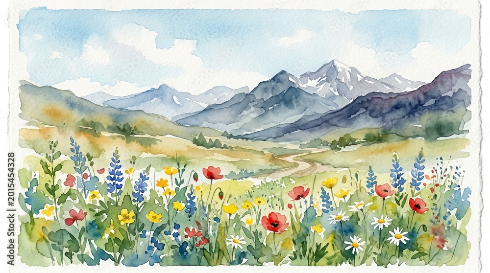 Fototapeta premium Vibrant wildflowers bloom in a sun-drenched meadow with rolling hills and distant mountains under a clear sky.