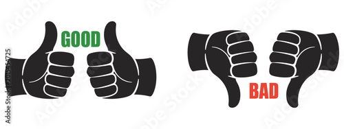 Fotografie Thumb up and thumb down hand icons with up and down gesture symbols and check ma
