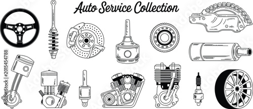 Foto Collection of black and white line of automotive parts and engine components car