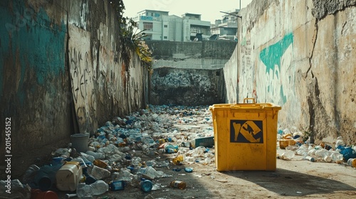 Overflowing trash bin in alleyway with plastic waste