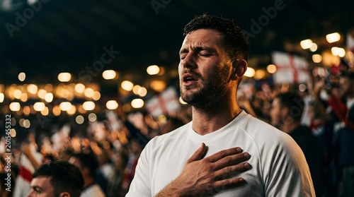 Young man with hand on heart eyes closed singing national anthem in England soccer stadium at night