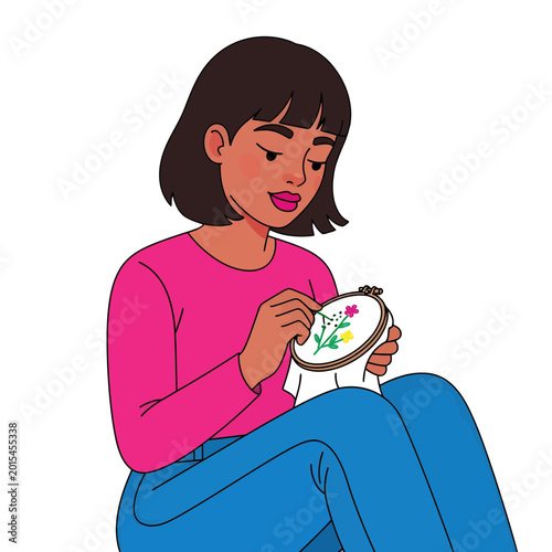 Принти на полотні woman embroidering floral design colorful vector illustration on white backgroun