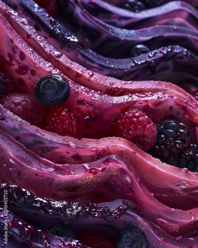 Close-up of a gelatin dessert featuring layers of vibrant colors with mixed berries, including raspberries, blueberries, and blackberries, highlighting textures and details