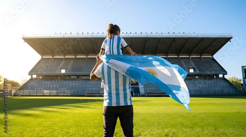 Father carrying daughter on shoulders while displaying Argentina flag in large soccer stadium from behind