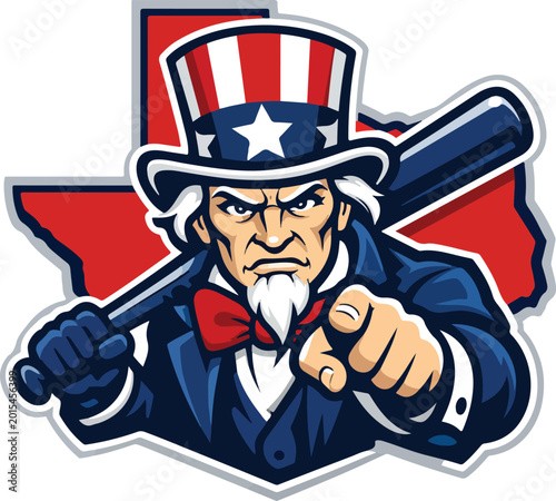 Canvastavla Uncle Sam baseball mascot character pointing with bat in front of Texas