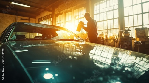 Car windshield cleaning in sunlight auto shop