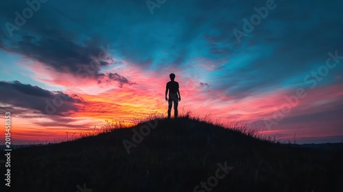 Silhouette of person on hilltop at vibrant sunset