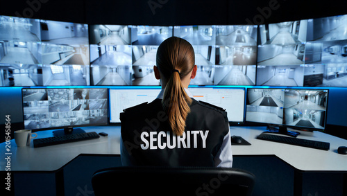 Security guard monitoring multiple cctv surveillance cameras in control room