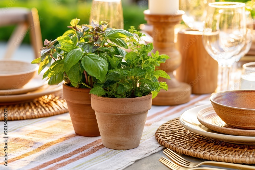 Fototapeta premium Warm summer gathering with tactile artisan materials. Concept for timeless decor, outdoor dining and slow living visuals.