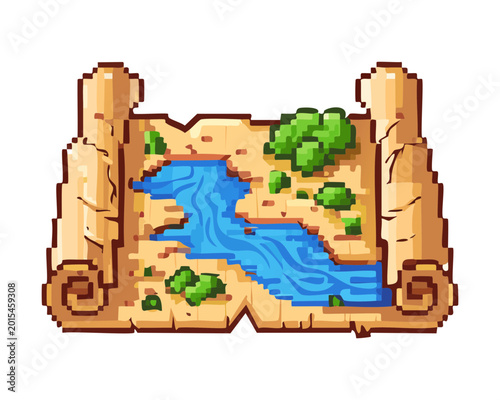 Quadro su tela Vintage pixel art treasure map scroll with blue river and green islands for retr
